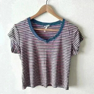 Xhilaration L Vintage Babydoll Stripe V Neck Tee Cap Sleeve Stretch Y2K 90s